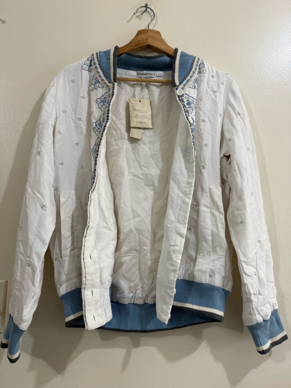 CONDITIONS APPLY White Embroidered Bomber Jacket with Light Blue Trim - Women